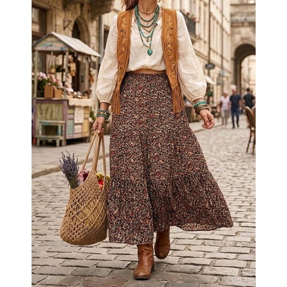 Bohemian Floral Tiered Mini Skirt - Brown Floral-0X